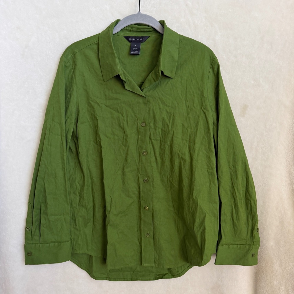 Investments Olive Green Linen Blend Button Down Shirt Size M Chest Pocket Top